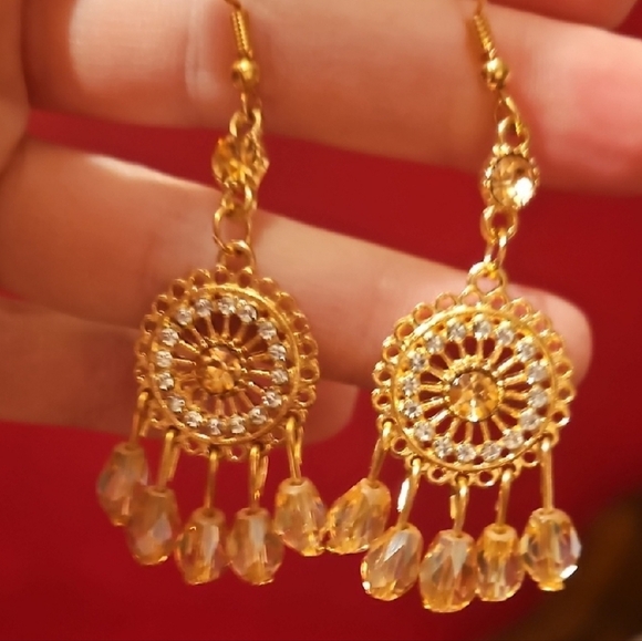 Gold Tone and Crystal Earrings, Dreamcatcher Shape, NWT - Picture 3 of 3